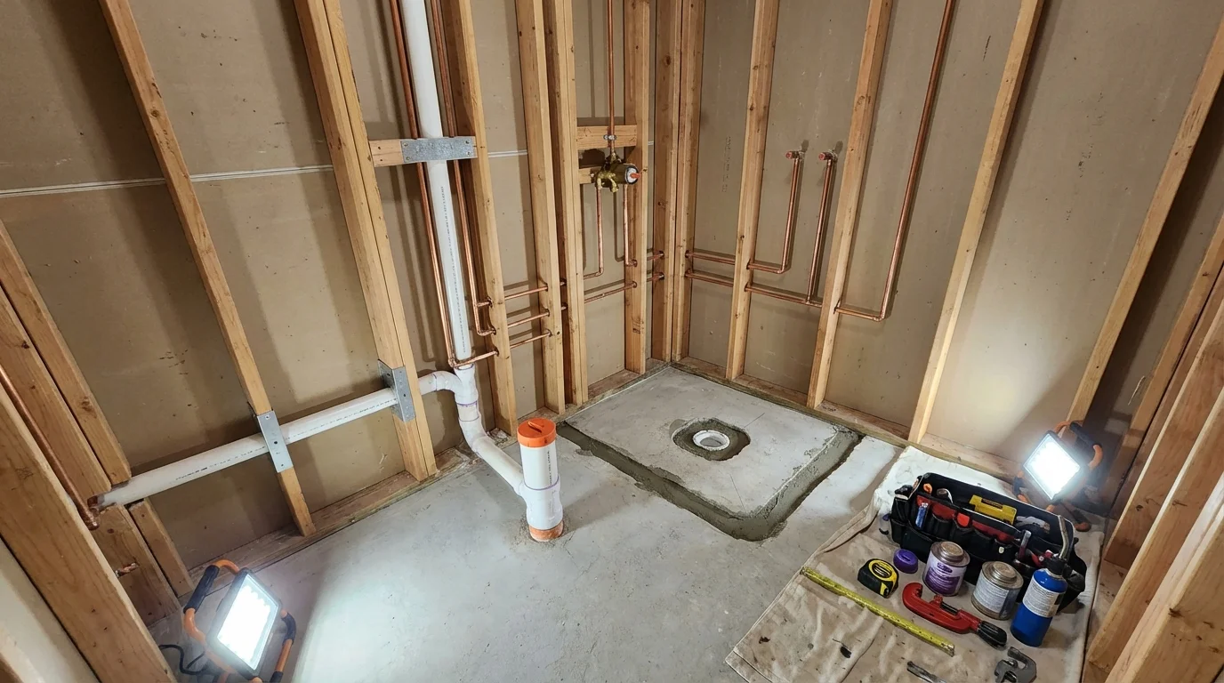 Bathroom rough-in plumbing during remodel by Johns Plumbing LLC in Robinson