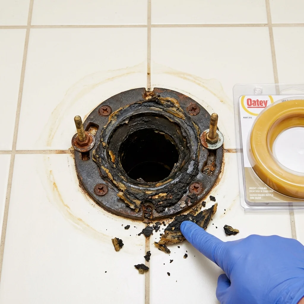 Failed wax ring showing water seepage at the base of a toilet in a Robinson, IL home