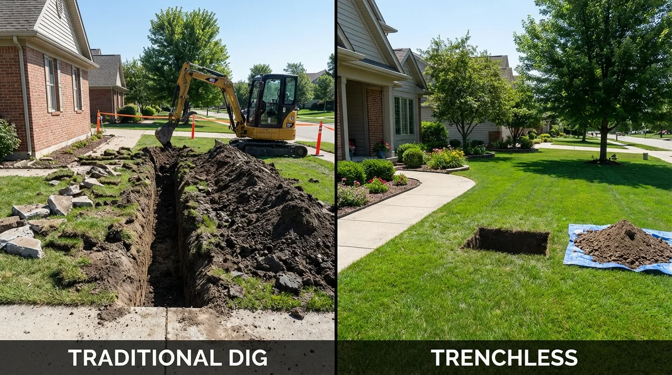 Trenchless sewer repair with minimal yard damage versus traditional excavation in Robinson, IL