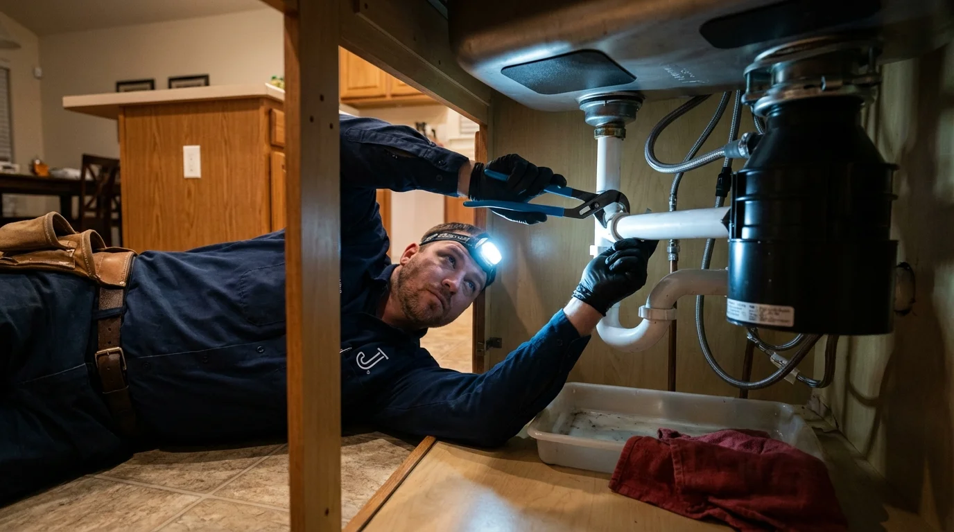 P-trap and supply line connections under a kitchen sink showing a common leak point in Robinson, IL
